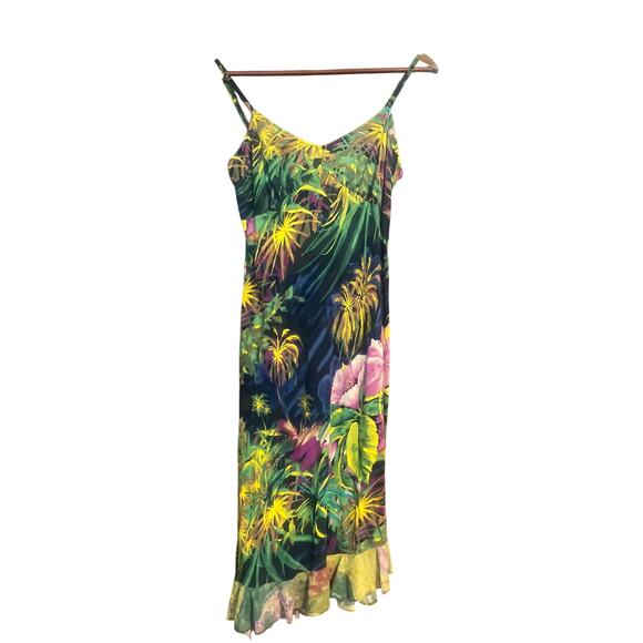JAMS WORLD Vintage Y2K Midi Slip Dress Asymmetric Hem Medium M Hibiscus Forest - Picture 1 of 4